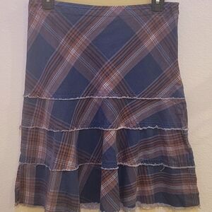 Tracy Evans limited, Size 3, Plaid Rough Edge Skirt. Blue, Brown, Cream Plaid